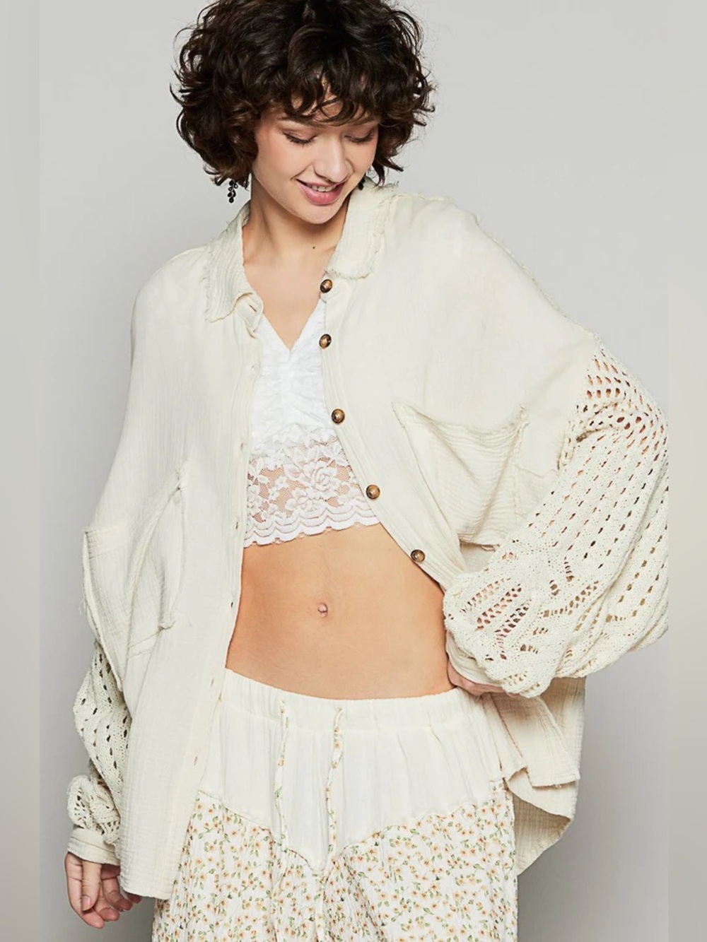POL Crochet Openwork Lantern Sleeve Slouchy Button Down Gauze Shirt Size M